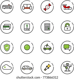 line vector icon set - airport bus vector, vip waiting area, candy, sleigh, credit card, annual report, calculator, unlocked, shield check, record, electric car, dialog, cloud, limousine, dowel