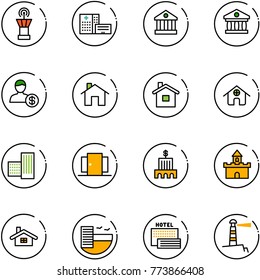 line vector icon set - airport tower vector, hospital building, bank, account, home, doors, sand fort, hotel, sea, lighthouse