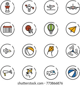 line vector icon set - airport tower vector, traffic controller, departure, plane, schedule, globe, air balloon, paper fly, ball, kite, wind mill, dryer, toy, beach
