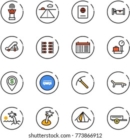 line vector icon set - airport tower vector, runway, passport, hotel, trap truck, plane seats, schedule, baggage scales, dollar pin, bus road sign, rock axe, lounger, palm, tent, trailer