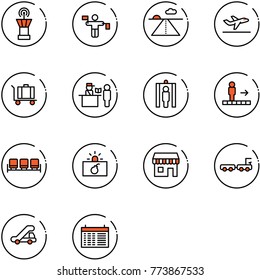 line vector icon set - airport tower vector, traffic controller, runway, departure, baggage, passport control, metal detector gate, travolator, waiting area, terrorism, duty free, truck, trap