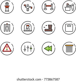 line vector icon set - airport tower vector, traffic controller, vip zone, passport control, metal detector gate, officer window, building, floor scales, light road sign, settings, fast backward