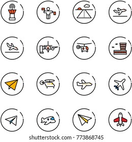 line vector icon set - airport tower vector, traffic controller, runway, departure, arrival, boarding passengers, helicopter, building, paper fly, plane, toy