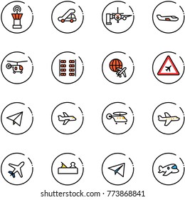 line vector icon set - airport tower vector, trap truck, boarding passengers, small plane, helicopter, seats, globe, road sign, paper fly, jointer, toy