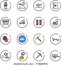 line vector icon set - airport tower vector, runway, departure, passport, duty free, trap truck, plane seats, baggage scales, globe, bus road sign, rock axe, lounger, palm, trailer
