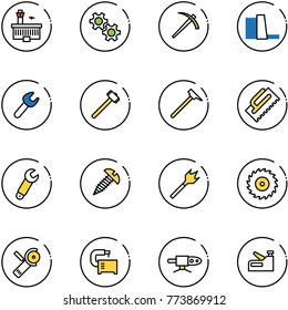 line vector icon set - airport building vector, gear, job, water power plant, wrench, sledgehammer, mason hammer, trowel, screw, wood drill, saw disk, Angular grinder, machine tool, pipe welding