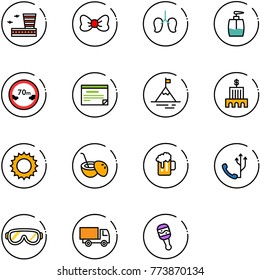 line vector icon set - airport building vector, bow, lungs, liquid soap, limited distance road sign, schedule, mountain, bank, sun, coconut cocktail, beer, phone, protective glasses, truck toy