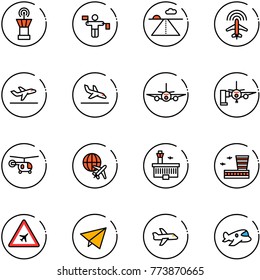 line vector icon set - airport tower vector, traffic controller, runway, plane radar, departure, arrival, boarding passengers, helicopter, globe, building, road sign, paper fly, toy