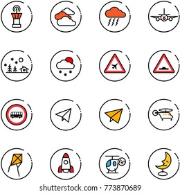line vector icon set - airport tower vector, clouds, storm, plane, christmas landscape, snowfall, road sign, artificial unevenness, no bus, paper fly, helicopter, kite, rocket, toy, moon lamp