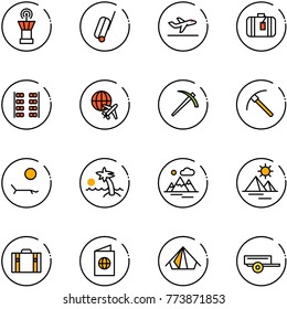 line vector icon set - airport tower vector, suitcase, departure, plane seats, globe, job, rock axe, lounger, palm, mountains, pyramid, passport, tent, trailer