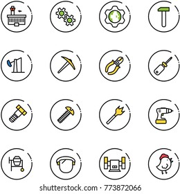line vector icon set - airport building vector, gear, globe, work, oil derrick, axe, side cutters, screwdriver, bolt, screw, wood drill, cocncrete mixer, protect glass, sharpening, chicken toy