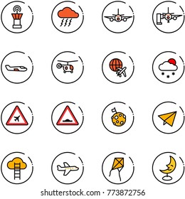 line vector icon set - airport tower vector, storm, plane, boarding passengers, small, helicopter, globe, snowfall, road sign, artificial unevenness, moon flag, paper fly, cloud ladder, kite, lamp