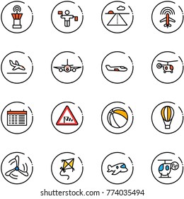 line vector icon set - airport tower vector, traffic controller, runway, plane radar, arrival, small, helicopter, schedule, side wind road sign, ball, air balloon, mill, kite, toy