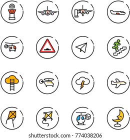 line vector icon set - airport tower vector, plane, boarding passengers, small, helicopter, artificial unevenness road sign, paper fly, career, cloud ladder, storm, kite, toy, moon lamp