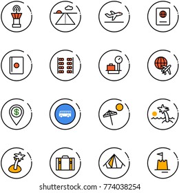 line vector icon set - airport tower vector, runway, departure, passport, plane seats, baggage scales, globe, dollar pin, bus road sign, beach, palm, suitcase, tent, sand castle