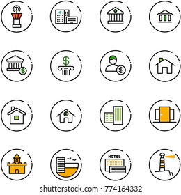 line vector icon set - airport tower vector, hospital building, bank, account, home, doors, sand fort, hotel, sea, lighthouse