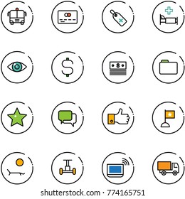 line vector icon set - airport bus vector, credit card, medical label, hospital bed, eye, dollar sign, folder, star, dialog, finger up, flag, lounger, gyroscope, notebook wi fi, truck toy