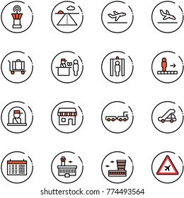 line vector icon set - airport tower vector, runway, departure, arrival, baggage, passport control, metal detector gate, travolator, officer window, duty free, truck, trap, schedule, building