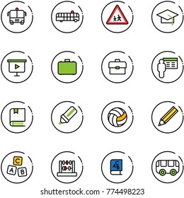 line vector icon set - airport bus vector, children road sign, graduate hat, presentation board, case, portfolio, book, highlight marker, volleyball, pencil, abc cube, abacus, toy