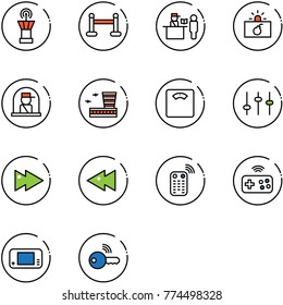 line vector icon set - airport tower vector, vip zone, passport control, terrorism, officer window, building, floor scales, settings, fast forward, backward, remote, joystick wireless, game console