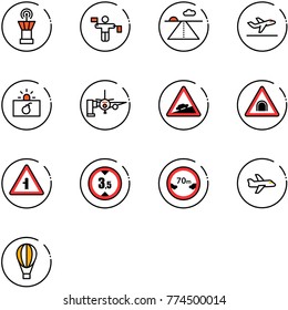 line vector icon set - airport tower vector, traffic controller, runway, departure, terrorism, boarding passengers, climb road sign, tunnel, intersection, limited height, distance, plane