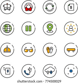 line vector icon set - airport bus vector, christmas wreath, exchange, account statement, globe, pause, map pin, star man, crown, sunglasses, flip flops, skateboard, power bank, phone, cloud data