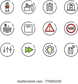 line vector icon set - airport tower vector, passport control, metal detector gate, officer window, building, floor scales, traffic light road sign, customs, settings, fast forward, gear globe