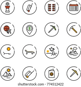 line vector icon set - airport tower vector, suitcase, plane seats, schedule, globe, dollar pin, job, rock axe, lounger, palm, mountains, pyramid, passport