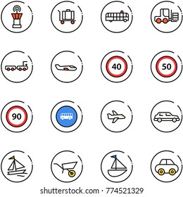 line vector icon set - airport tower vector, baggage, bus, fork loader, truck, small plane, speed limit 40 road sign, 50, 90, limousine, sail boat, wheelbarrow, sailboat toy, car