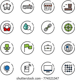 line vector icon set - airport bus vector, duty free, building, christmas wreath, blood test, link, target, office chair, flag, portfolio, globe, server wireless, monitor, circuit