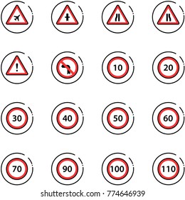 line vector icon set - airport vector road sign, intersection, narrows, attention, no left turn, speed limit 10, 20, 30, 40, 50, 60, 70, 90, 100, 110