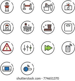 line vector icon set - airport tower vector, vip zone, passport control, terrorism, officer window, building, floor scales, traffic light road sign, settings, fast forward, remote, game console
