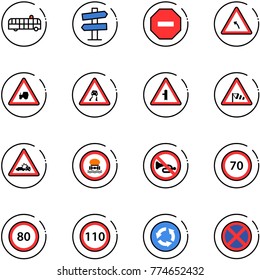 line vector icon set - airport bus vector, road signpost sign, no way, turn left, tractor, slippery, intersection, side wind, car crash, dangerous cargo, horn, speed limit 70, 80, 110, circle, stop