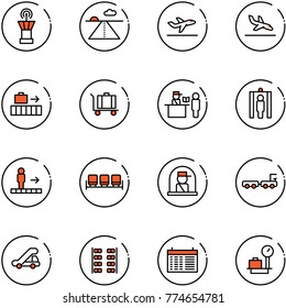 line vector icon set - airport tower vector, runway, departure, arrival, baggage, passport control, metal detector gate, travolator, waiting area, officer window, truck, trap, plane seats, schedule