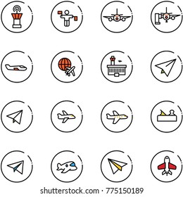 line vector icon set - airport tower vector, traffic controller, plane, boarding passengers, small, globe, building, paper, fly, jointer, toy