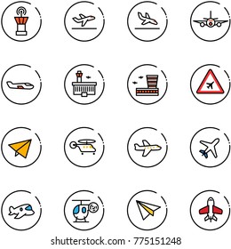 line vector icon set - airport tower vector, departure, arrival, plane, small, building, road sign, paper fly, helicopter, toy