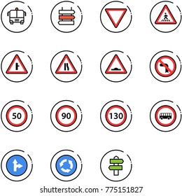 line vector icon set - airport bus vector, sign post, giving way road, pedestrian, intersection, narrows, artificial unevenness, no left turn, speed limit 50, 90, 130, only forward right, circle