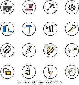 line vector icon set - airport building vector, job, gear, water power plant, hammer, oil derrick, sledgehammer, bucksaw, trowel, drill machine, tool, winch, protect glass