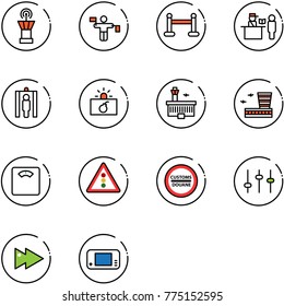 line vector icon set - airport tower vector, traffic controller, vip zone, passport control, metal detector gate, terrorism, building, floor scales, light road sign, customs, settings, fast forward