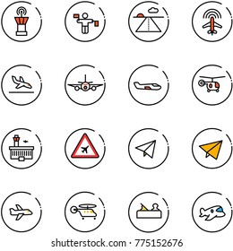 line vector icon set - airport tower vector, traffic controller, runway, plane radar, arrival, small, helicopter, building, road sign, paper fly, jointer, toy