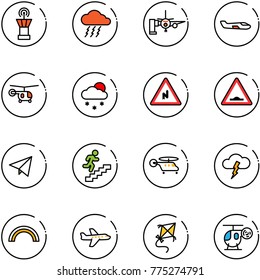 line vector icon set - airport tower vector, storm, boarding passengers, small plane, helicopter, snowfall, abrupt turn right road sign, artificial unevenness, paper fly, career, rainbow, kite, toy