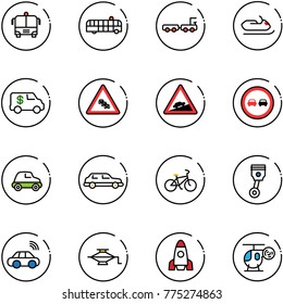 line vector icon set - airport bus vector, baggage truck, snowmobile, encashment car, multi lane traffic road sign, climb, no overtake, limousine, bike, piston, wireless, jack, rocket