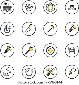 line vector icon set - airport building vector, gear, globe, conveyor, casting of steel, trowel, nail, bolt, screw, wood drill, saw disk, cocncrete mixer, welding, protect glass, wrench hammer