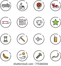 line vector icon set - airport bus vector, baby room, globe, sleigh, ski, dog, star, chess tower, rock axe, plane, drink, banana, waves, screw, sickle