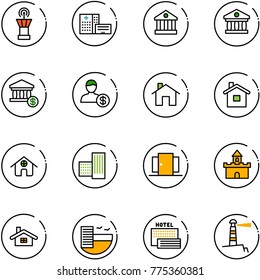 line vector icon set - airport tower vector, hospital building, bank, account, home, doors, sand fort, hotel, sea, lighthouse