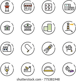 line vector icon set - airport tower vector, duty free, baggage room, hospital building, bank, lighthouse, plant, fretsaw, bolt cutter, cocncrete mixer, winch, stapler, construction helmet