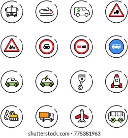 line vector icon set - airport bus vector, snowmobile, encashment car, tractor way road sign, for moto, no, overtake, electric, piston, rocket, excavator toy, truck, plane