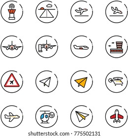 line vector icon set - airport tower vector, runway, departure, arrival, plane, boarding passengers, small, building, road sign, paper fly, helicopter, toy