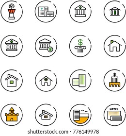 line vector icon set - airport tower vector, hospital building, bank, account, home, sand fort, hotel, sea