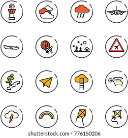 line vector icon set - airport tower vector, clouds, storm, plane, small, globe, christmas landscape, road sign, career, paper fly, cloud ladder, helicopter, rainbow, kite